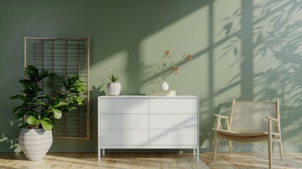 White chest of drawers in a green room, useful for interior design and home decor images