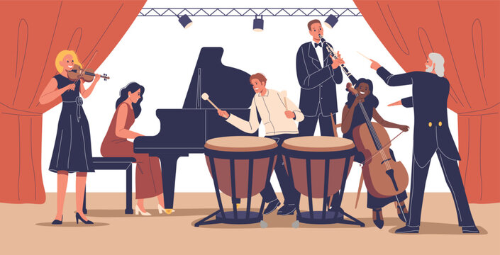 Musicians Playing Instruments In A Symphony Orchestra On Stage With Conductor Leading The Performance