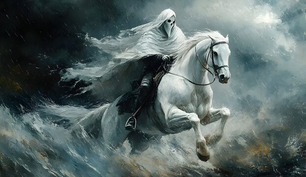 An ethereal figure clad in white, riding a majestic horse through a stormy landscape, conveying mystery and power.