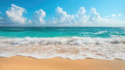 Fototapeta premium A breathtaking Caribbean beach scene, with turquoise waves gently lapping against the shore, under a cloudless blue sky.