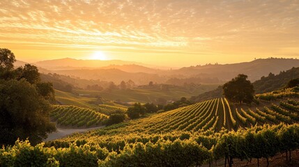 Obraz premium A breathtaking view of rolling hills covered with vineyards at sunset, the sky painted with golden hues for a tranquil retirement backdrop.