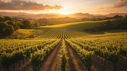 A breathtaking view of rolling hills covered with vineyards at sunset, the sky painted with golden hues for a tranquil retirement backdrop.
