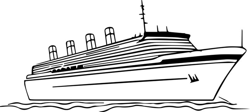 black and white cruise ship on the water clip art preview