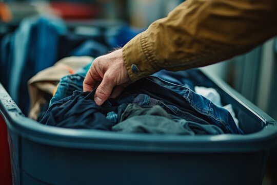 'A close-up shot capturing a hand placing various clothes into a donation bin, emphasizing the act of giving.'