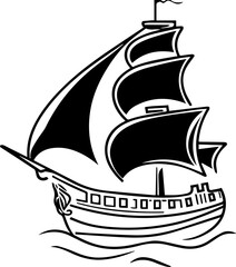 A large ship sails in the ocean with a flag on top. The ship is black and white