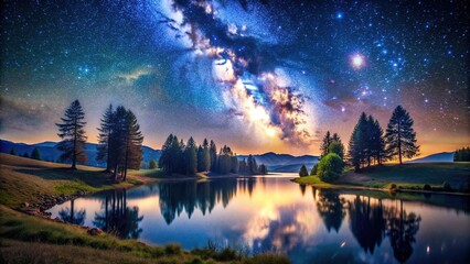 Majestic night sky with twinkling stars above a serene landscape of rolling hills, trees, and a peaceful lake, evoking a sense of tranquility and wonder.