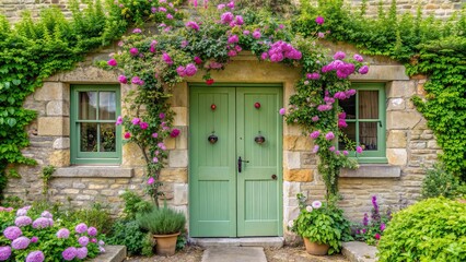 Light green wooden doors in an old traditional English lime stone cottage surrounded by climbing pink roses © Udomner