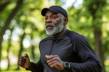Aged black professional runner running concentrated in a park wearing sportswear and a smartwatch