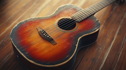 Fototapeta premium Worn Acoustic Guitar on a Wooden Surface