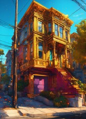 a san francisco neighborhood hyperdetailed tee-shirt design line art ultra detailed artistic colour splash art fire and ice splatter black ink liquid melting dreamy glowing glimmer shad