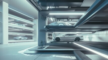 Obraz premium Sleek, white electric cars parked in a futuristic, well-lit garage with efficient space use, representing the future of automotive storage.