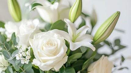 Fototapeta premium A close-up of an elegant floral arrangement featuring white roses and lilies, with delicate green leaves accentuating the soft blooms.