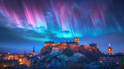 Aurora borealis illuminates Edinburgh Castle at night with vibrant colors over the city