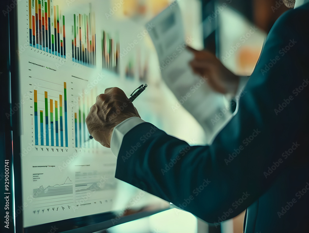 Poster A businessman in a suit reviews and analyzes financial charts on a digital screen, highlighting modern business analytics and data-driven decision-making.