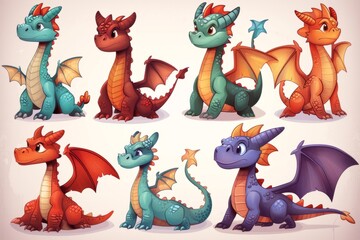 Naklejka premium cute cartoon dragons posing in different colors