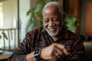 Black senior man talking on a smartwatch with his virtual assistant