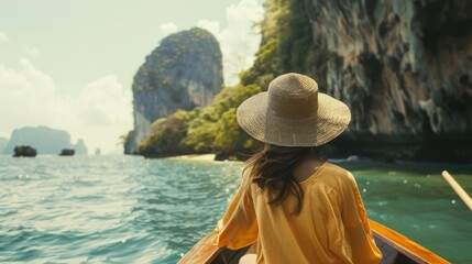 A woman in a wide-brimmed hat enjoys a tranquil boat ride, gazing at the lush green cliffs and...