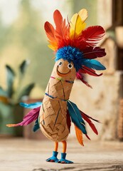 Featherly a spirited badminton shuttlecock with a thirst for adventure. his cork body is adorned with vibrant feathers each representing a different continent hes explored. a friendly grin is always