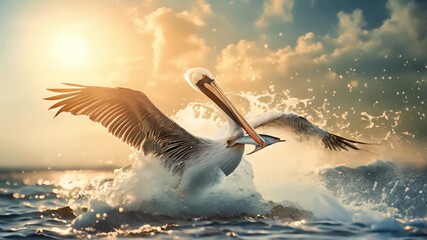 A pelican catching a fish with water splashing and bright coastal on background	