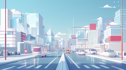 Fototapeta premium A bright and immaculate city street on a sunny day, with modern buildings and minimal traffic, reflecting a serene urban life.