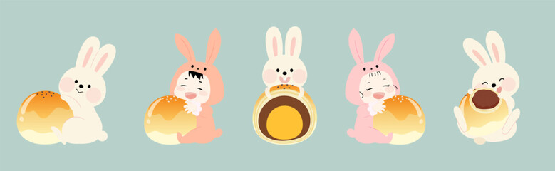 A bite of the moon cake. Different flavors of Taiwanese puff pastry moon cake and rabbit.