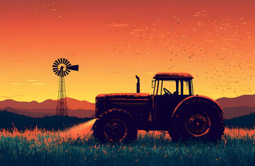 Fototapeta premium Silhouette of a tractor against a vibrant sunset with a windmill in the background, capturing rural beauty and tranquility.