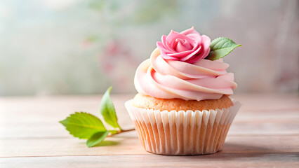 Enchanting allure of a rose-topped cupcake with light pink swirls, perfectly set against a soft pastel backdrop – a delightful choice for dessert enthusiasts and elegant food visuals, blogs, marketing