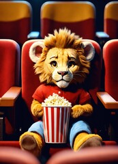 Cute small humanoid baby lion sitting in a movie theater eating popcorn watching a movie unreal engine volumetric warm indoor lighting artstation detailed digital painting cinematic character 