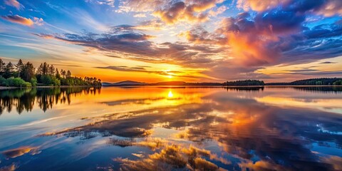 Obraz premium Sunset reflections on calm lake water , sunset, reflections, lake, water, nature, peaceful, tranquil, serene, dusk