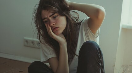 Obraz premium A young woman with a tired expression and disheveled hair sits against a plain wall, portraying fatigue and introspection.