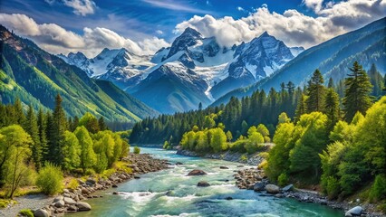 Obraz premium Majestic snow-capped peaks stretch towards the horizon, surrounded by lush green forests and serpentine rivers, showcasing the breathtaking grandeur of a mountain range landscape.