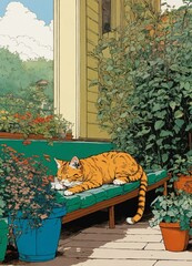 Pen and ink illustrated by herg of a cat sleeping on a porch with lots of plants. stunning color scheme masterpiece