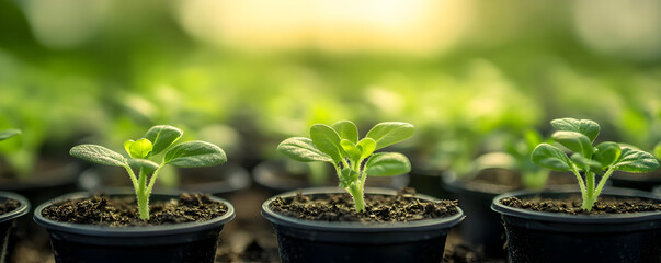 Young green plants growing in small pots, showcasing the beauty of nature and new beginnings in a lush environment.
