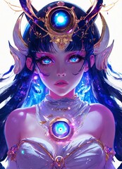 Vtuber portrait as a cosmic goddess glowing sclera hypnotic eyes ultra-detailed waist to top.