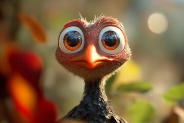 'An endearing turkey character with big, expressive eyes and a joyful expression, radiating charm and delight.'