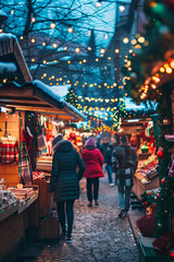 A festive Christmas market with decorated stalls and twinkling lights, as people browse through holiday goods