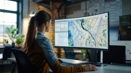 A young woman intently analyzes data on a large curved monitor, highlighting modern technology and data visualization in a bright, open office setting.