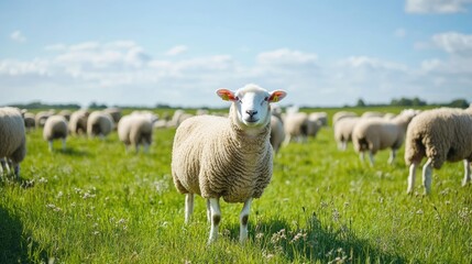 Obraz premium A flock of sheep in a vibrant green pasture, set against the backdrop of a bright blue sky, showcasing the beauty of nature.