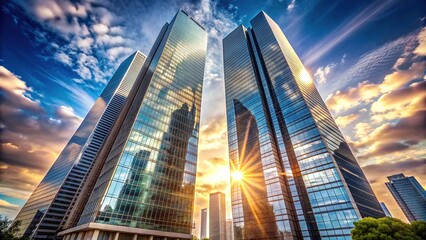 Obraz premium Majestic twin skyscrapers pierce the blue sky, their sleek glass and steel facade reflecting sunlight, surrounded by bustling city streets and infrastructure.