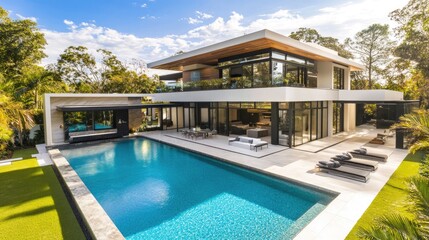 Fototapeta premium A luxurious property with a sleek swimming pool and modern architecture, showcasing the epitome of upscale living.