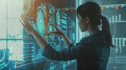 Woman interacting with a high-tech display, manipulating holographic data in a futuristic, illuminated environment.