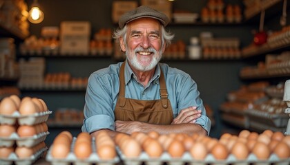 Obraz premium A middle-aged egg vendor smiles proudly in his shop, surrounded by fresh eggs. Depth of field blurs the background, highlighting his friendly face and the egg display.