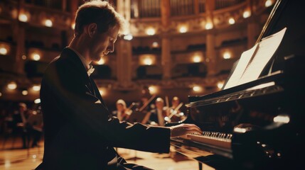 A pianist in a tuxedo passionately playing the piano during a grand concert in an ornate concert hall full of warm lights.