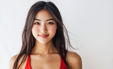 The Asian model woman showcases a range of expressions, from friendly smiles to serious looks, with red outfits and nuanced lighting enhancing the visual harmony.