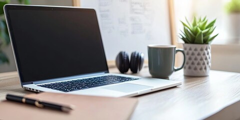 A minimalist desk setup features a sleek laptop 