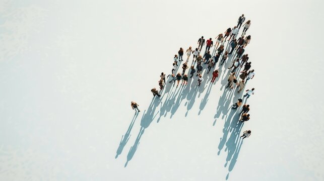 Aerial view of a group of people casting long shadows on a white surface, forming a triangular shape as they converge and move together towards a common point.