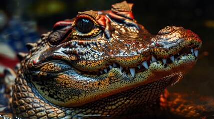 Fototapeta premium Close-up of a crocodile's textured face under colorful lighting in a natural habitat