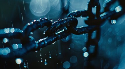 Close-up of a wet chain under rain, with water droplets splashing off, set against a blurred, bokeh-lit background.