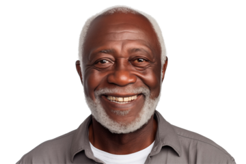 African elderly man smiling on transparent background. Subjects related to old age. Afro american. Black man. Transparent background png cutouts. Retirement home. African country.
