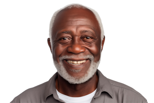 African elderly man smiling on transparent background. Subjects related to old age. Afro american. Black man. Transparent background png cutouts. Retirement home. African country.